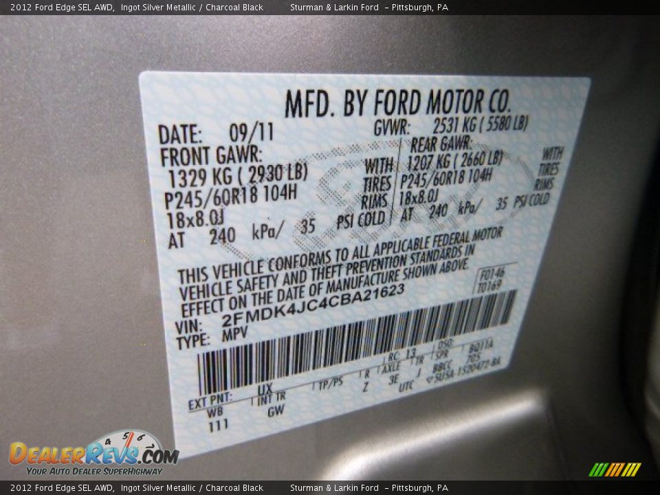 2012 Ford Edge SEL AWD Ingot Silver Metallic / Charcoal Black Photo #14