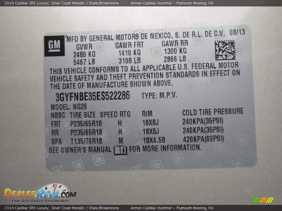Info Tag of 2014 Cadillac SRX Luxury Photo #14