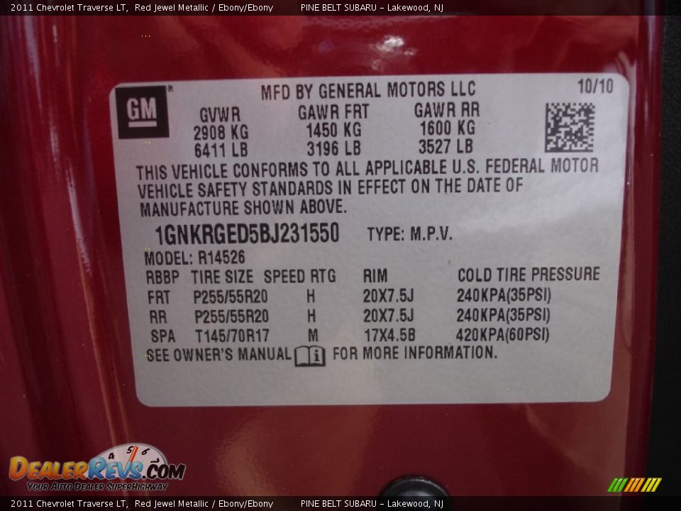 2011 Chevrolet Traverse LT Red Jewel Metallic / Ebony/Ebony Photo #29