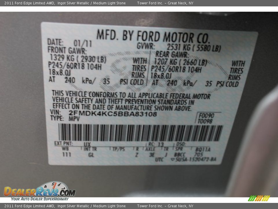 2011 Ford Edge Limited AWD Ingot Silver Metallic / Medium Light Stone Photo #21
