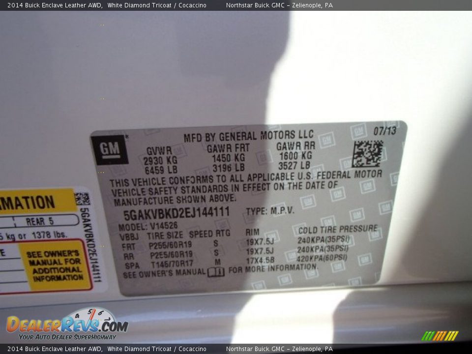 2014 Buick Enclave Leather AWD White Diamond Tricoat / Cocaccino Photo #20