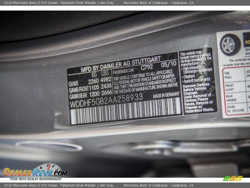 2010 Mercedes-Benz E 350 Sedan Palladium Silver Metallic / Ash Gray Photo #20