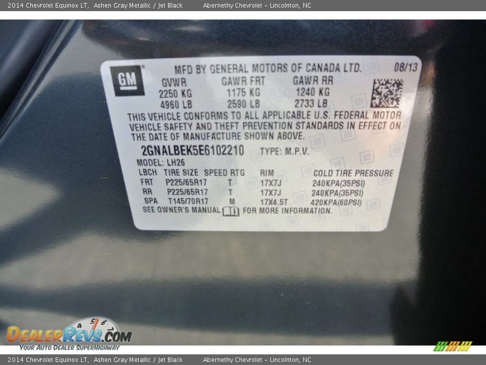 2014 Chevrolet Equinox LT Ashen Gray Metallic / Jet Black Photo #7