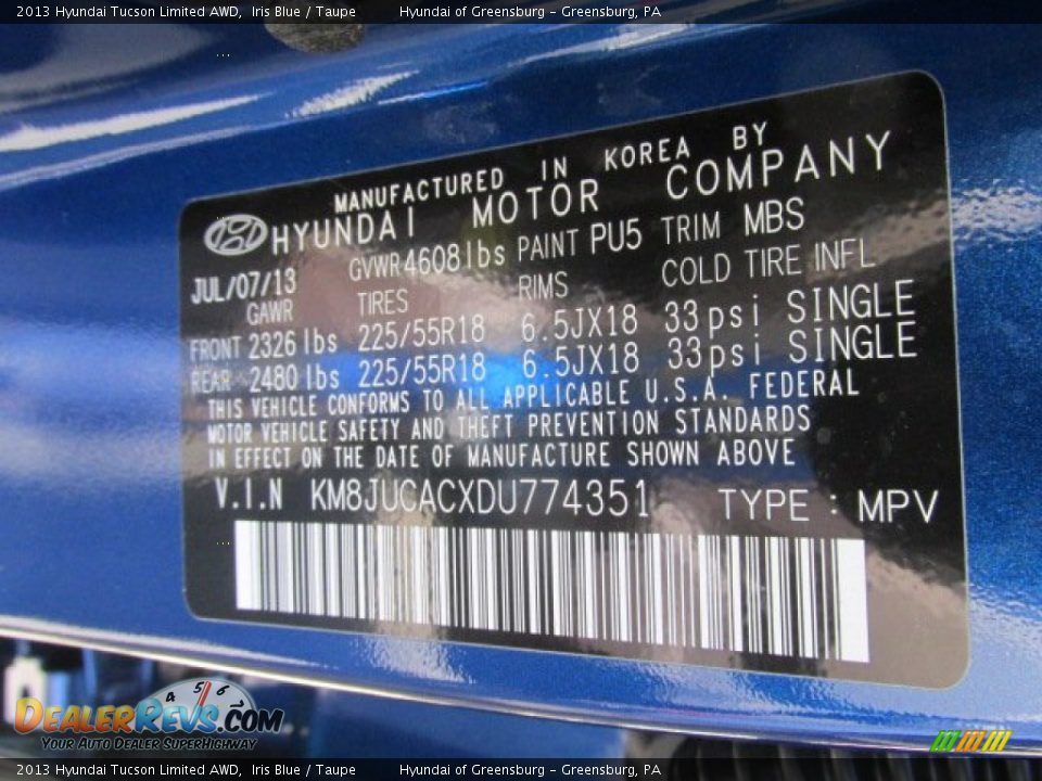 2013 Hyundai Tucson Limited AWD Iris Blue / Taupe Photo #15