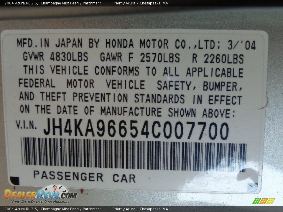 2004 Acura RL 3.5 Champagne Mist Pearl / Parchment Photo #29