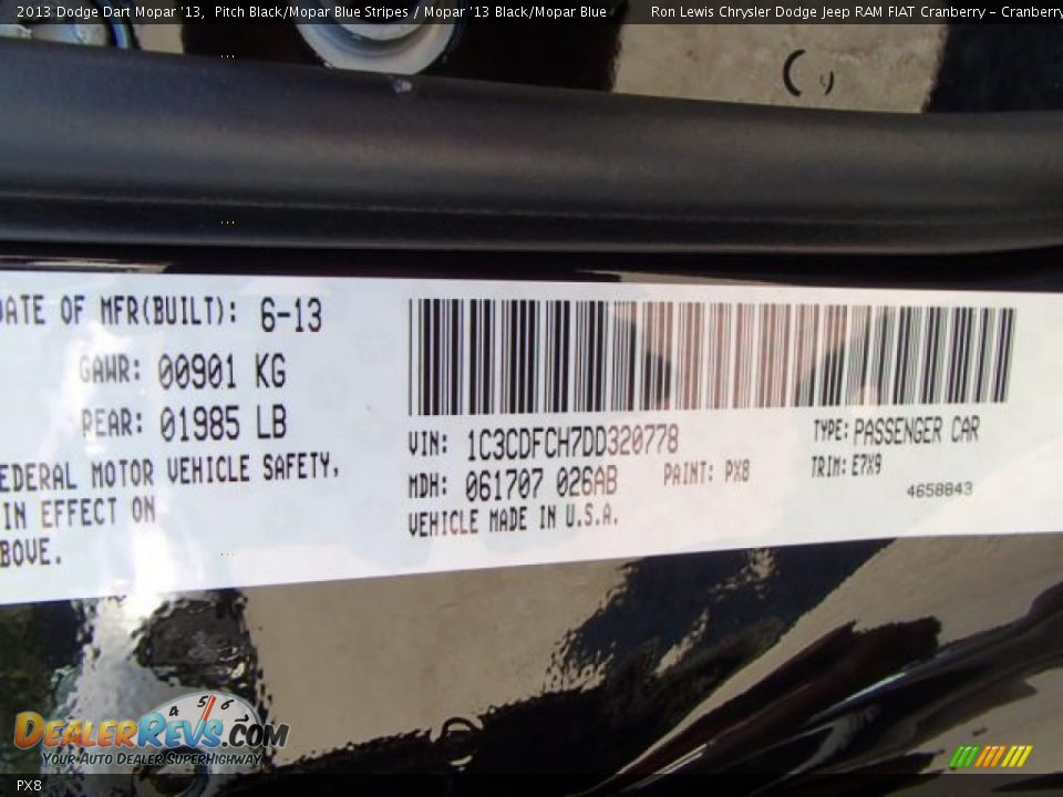 Dodge Color Code PX8 Pitch Black/Mopar Blue Stripes