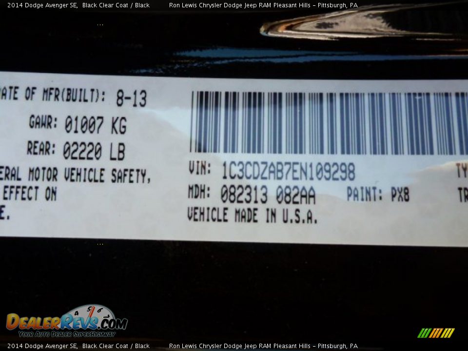 2014 Dodge Avenger SE Black Clear Coat / Black Photo #18