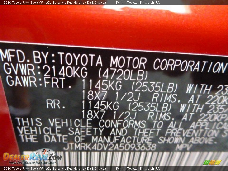 2010 Toyota RAV4 Sport V6 4WD Barcelona Red Metallic / Dark Charcoal Photo #20