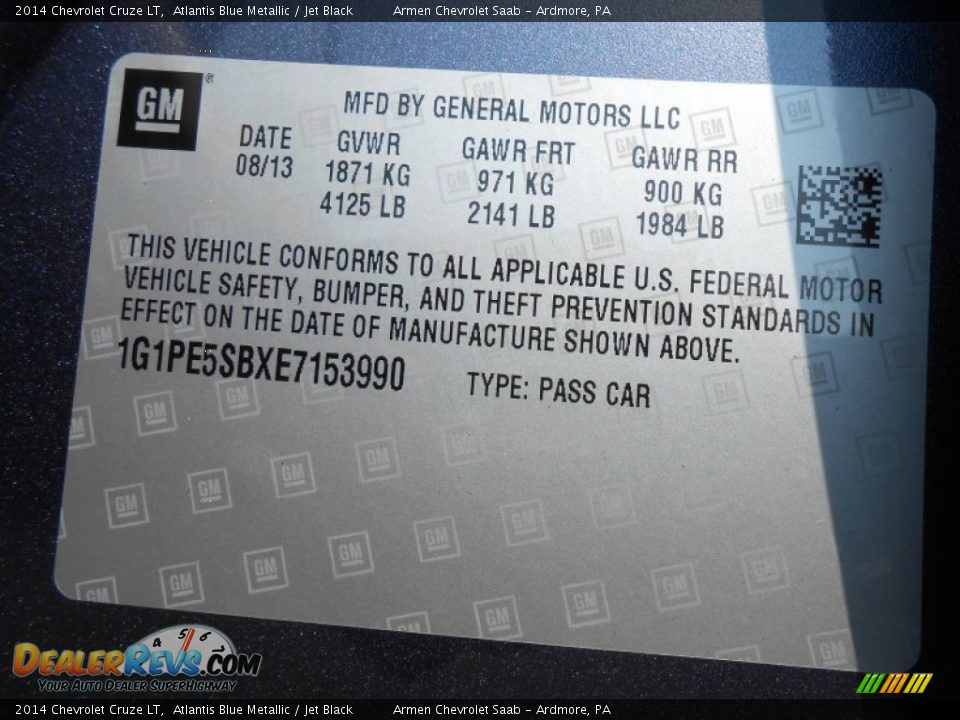 2014 Chevrolet Cruze LT Atlantis Blue Metallic / Jet Black Photo #15