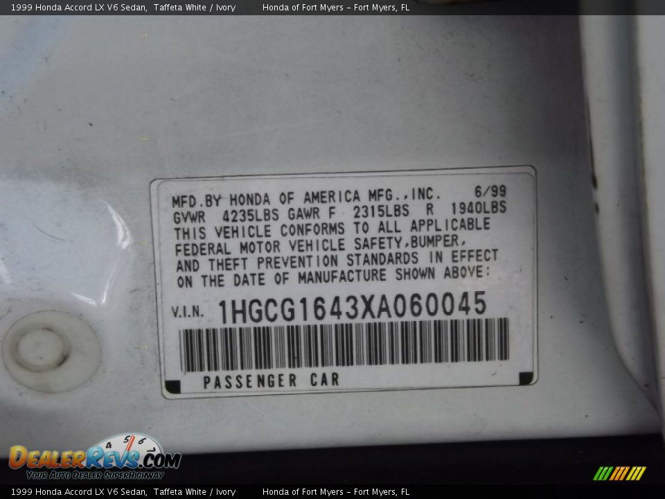 Info Tag of 1999 Honda Accord LX V6 Sedan Photo #28