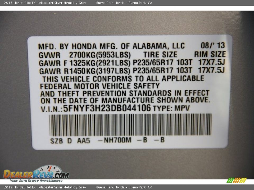 2013 Honda Pilot LX Alabaster Silver Metallic / Gray Photo #19