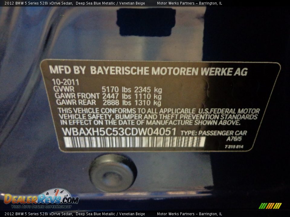 2012 BMW 5 Series 528i xDrive Sedan Deep Sea Blue Metallic / Venetian Beige Photo #17