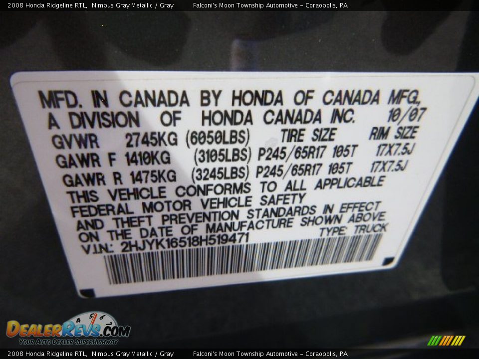 2008 Honda Ridgeline RTL Nimbus Gray Metallic / Gray Photo #24