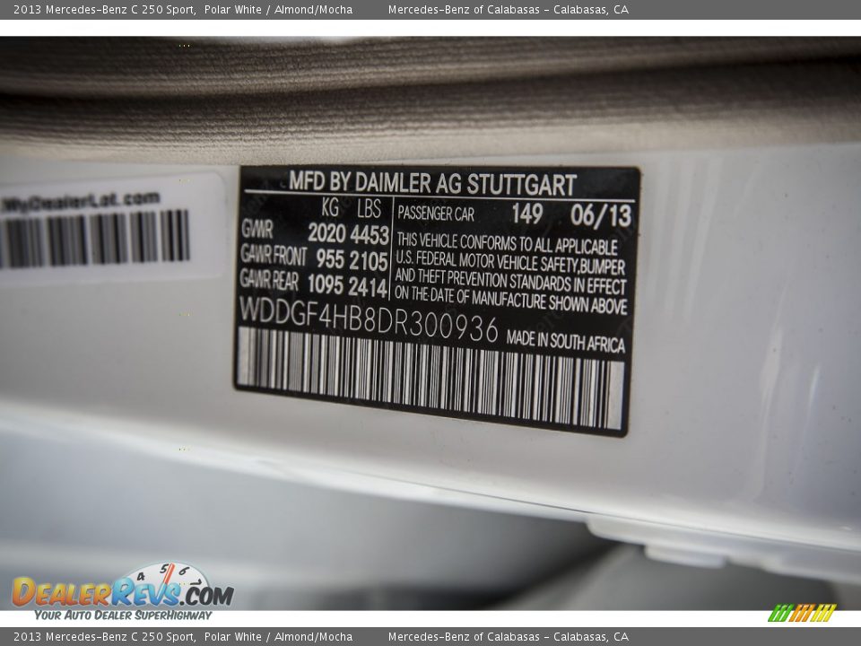 2013 Mercedes-Benz C 250 Sport Polar White / Almond/Mocha Photo #7