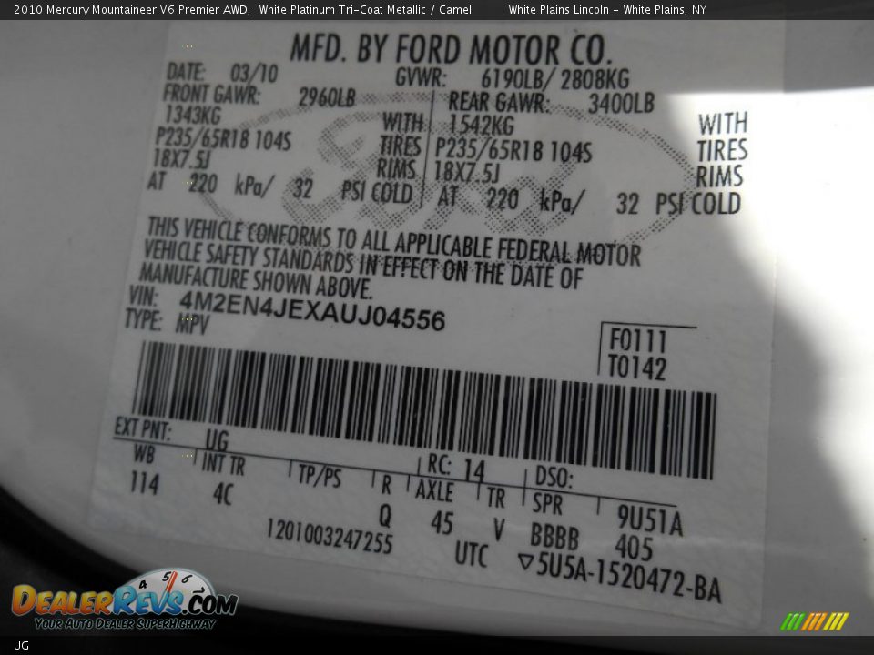 Mercury Color Code UG White Platinum Tri-Coat Metallic