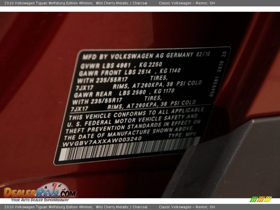 2010 Volkswagen Tiguan Wolfsburg Edition 4Motion Wild Cherry Metallic / Charcoal Photo #31