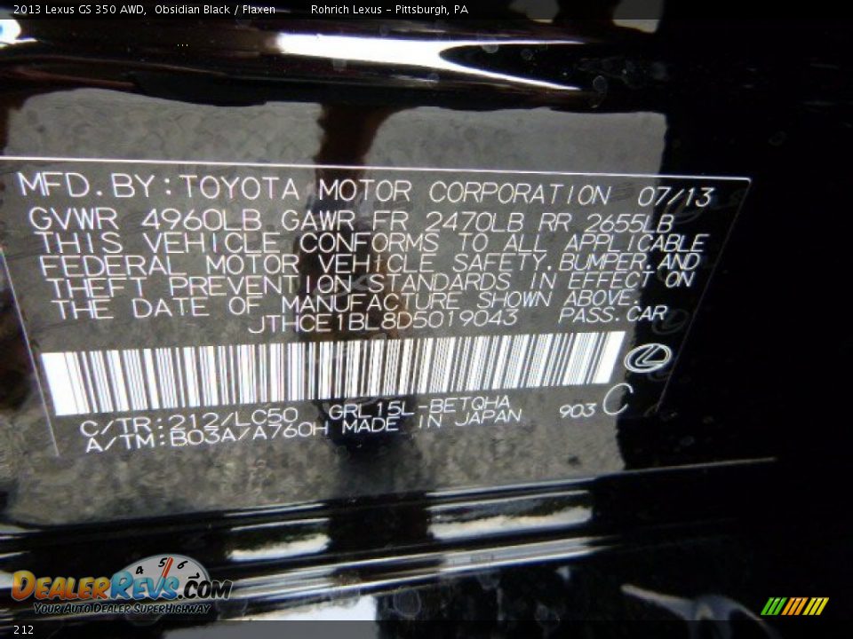 Lexus Color Code 212 Obsidian Black