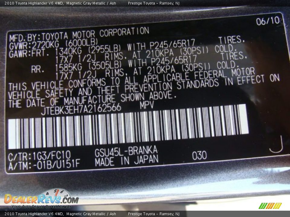 2010 Toyota Highlander V6 4WD Magnetic Gray Metallic / Ash Photo #15