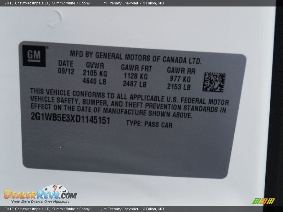 2013 Chevrolet Impala LT Summit White / Ebony Photo #17