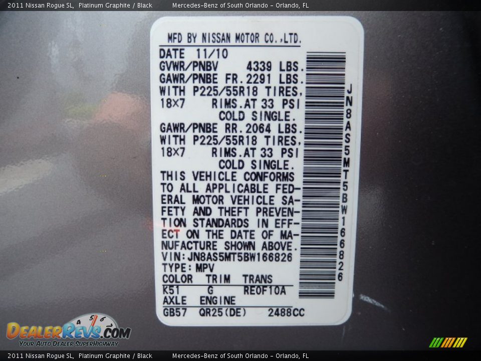 2011 Nissan Rogue SL Platinum Graphite / Black Photo #30