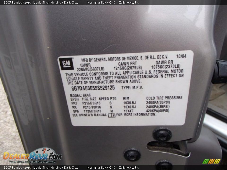 Info Tag of 2005 Pontiac Aztek  Photo #15