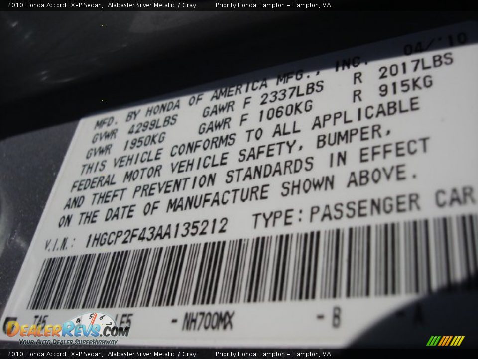 2010 Honda Accord LX-P Sedan Alabaster Silver Metallic / Gray Photo #27