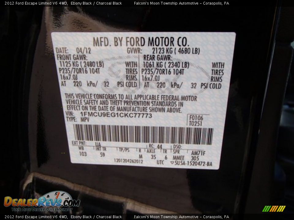 2012 Ford Escape Limited V6 4WD Ebony Black / Charcoal Black Photo #25