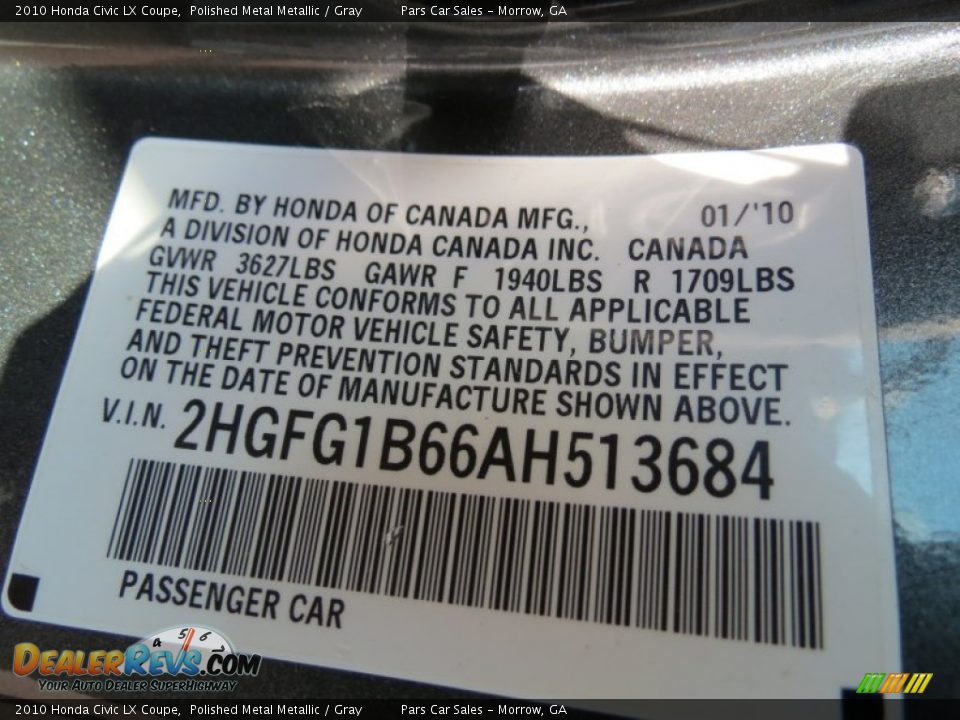 2010 Honda Civic LX Coupe Polished Metal Metallic / Gray Photo #11