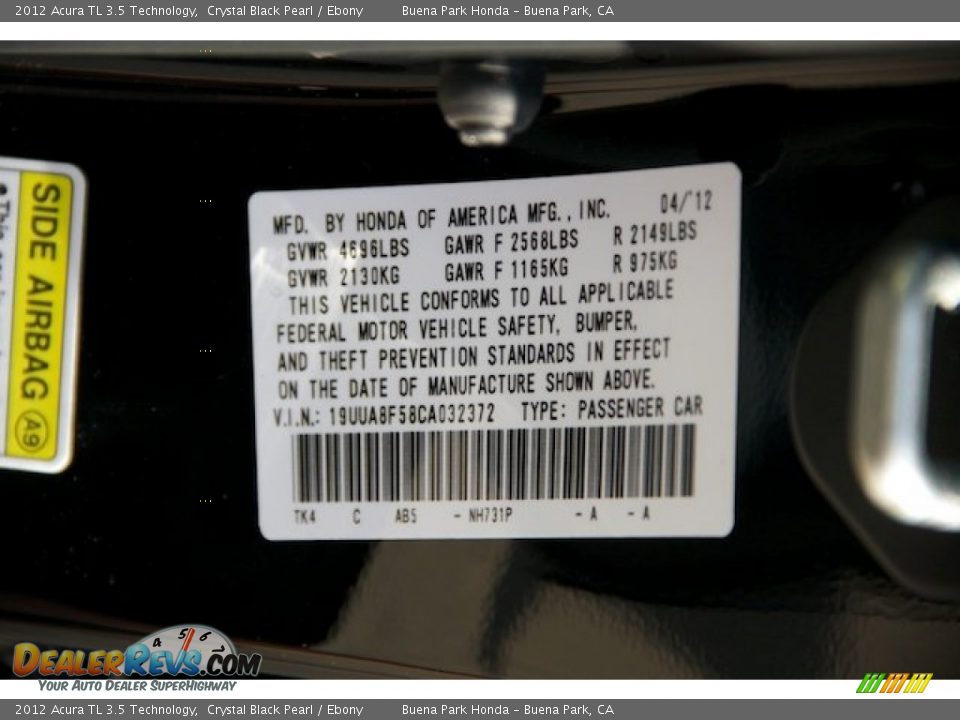 2012 Acura TL 3.5 Technology Crystal Black Pearl / Ebony Photo #36