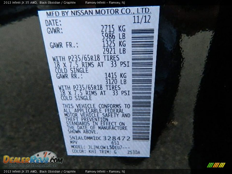 2013 Infiniti JX 35 AWD Black Obsidian / Graphite Photo #26