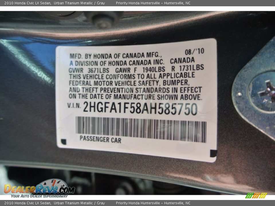 2010 Honda Civic LX Sedan Urban Titanium Metallic / Gray Photo #7