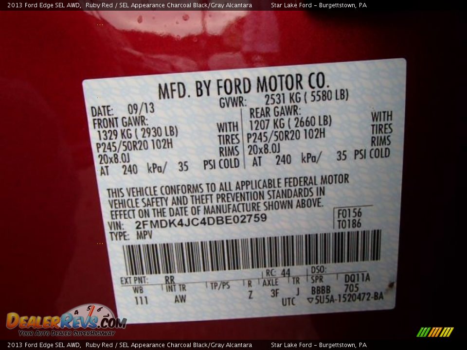 2013 Ford Edge SEL AWD Ruby Red / SEL Appearance Charcoal Black/Gray Alcantara Photo #25