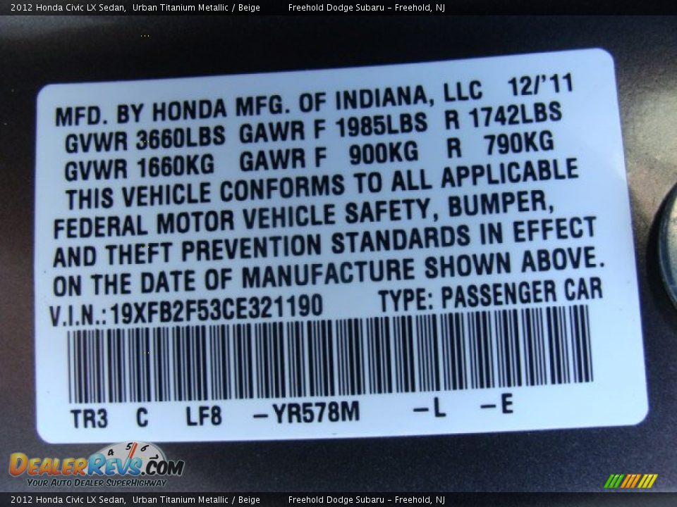 2012 Honda Civic LX Sedan Urban Titanium Metallic / Beige Photo #15