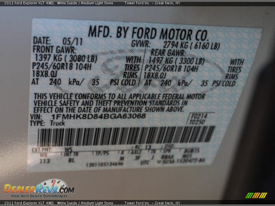 2011 Ford Explorer XLT 4WD White Suede / Medium Light Stone Photo #21