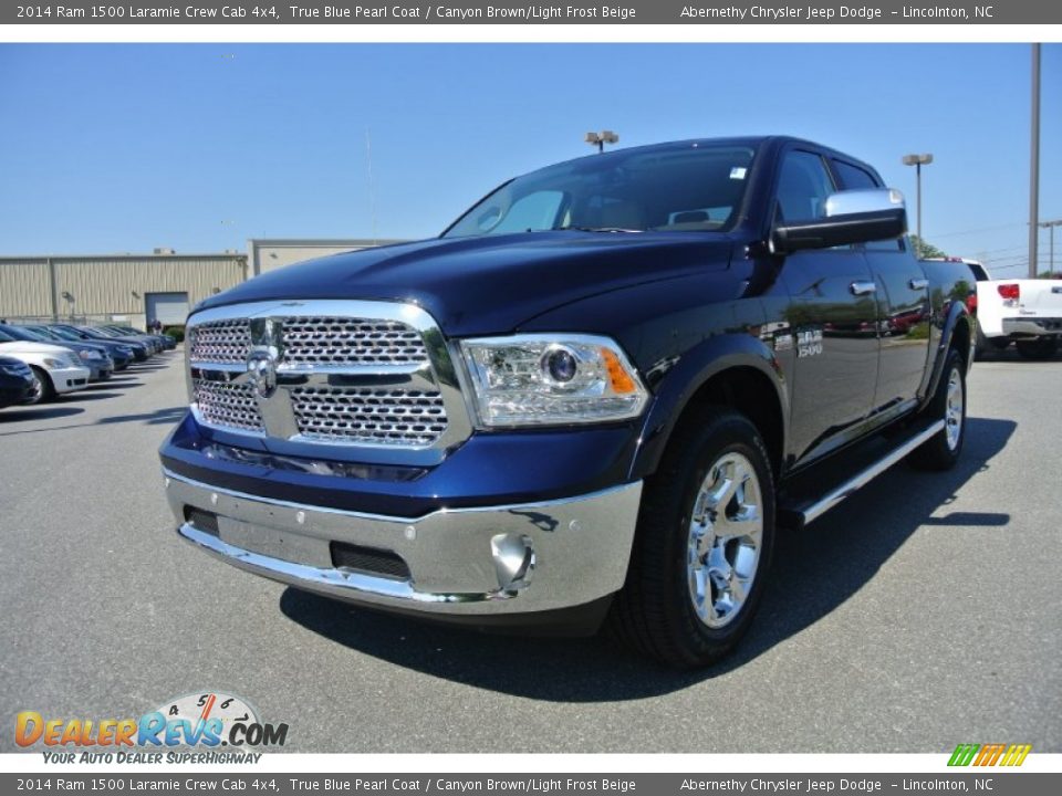 2014 Ram 1500 Laramie Crew Cab 4x4 True Blue Pearl Coat / Canyon Brown/Light Frost Beige Photo #1