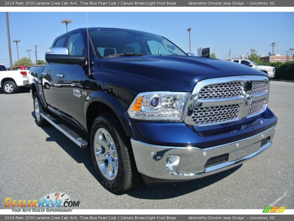 2014 Ram 1500 Laramie Crew Cab 4x4 True Blue Pearl Coat / Canyon Brown/Light Frost Beige Photo #2
