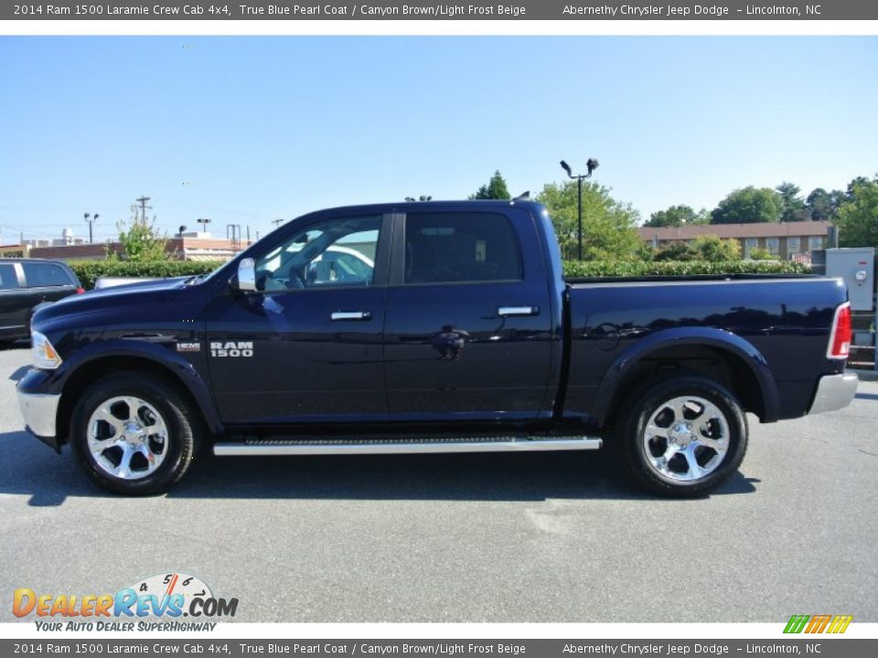 2014 Ram 1500 Laramie Crew Cab 4x4 True Blue Pearl Coat / Canyon Brown/Light Frost Beige Photo #3