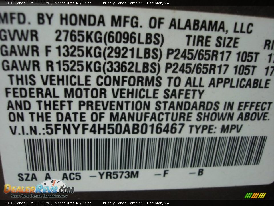 2010 Honda Pilot EX-L 4WD Mocha Metallic / Beige Photo #29