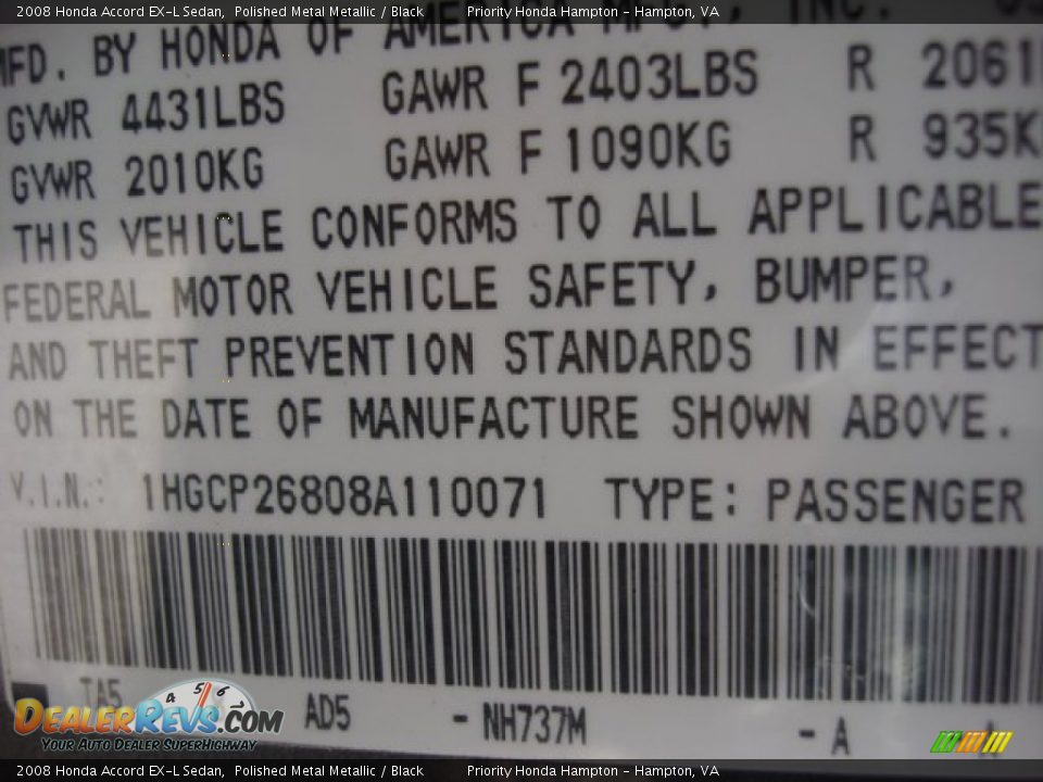 2008 Honda Accord EX-L Sedan Polished Metal Metallic / Black Photo #26