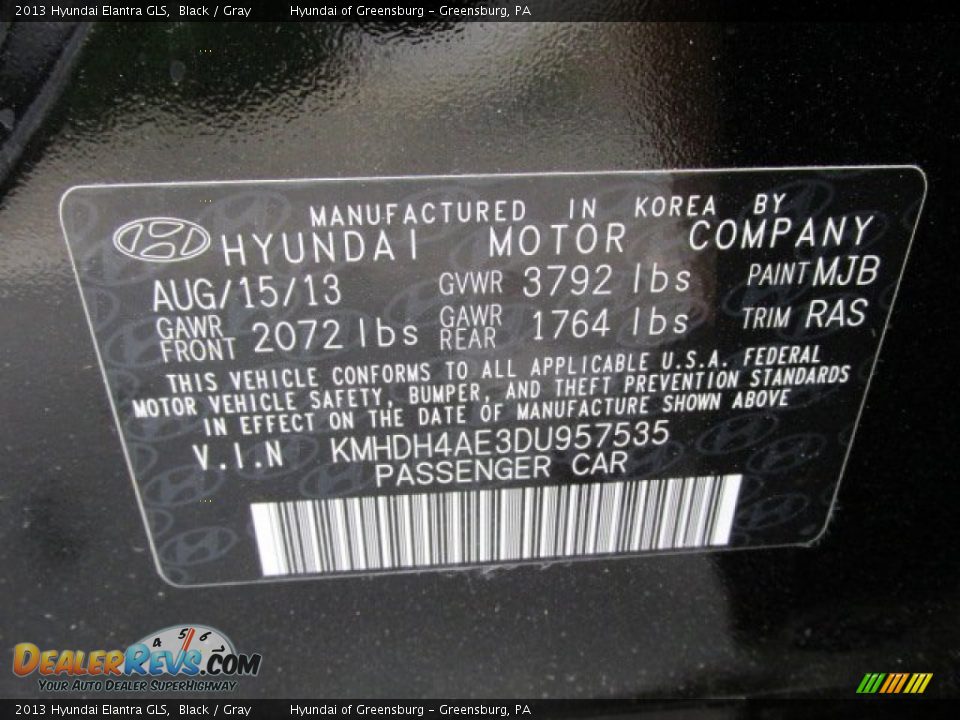 2013 Hyundai Elantra GLS Black / Gray Photo #15