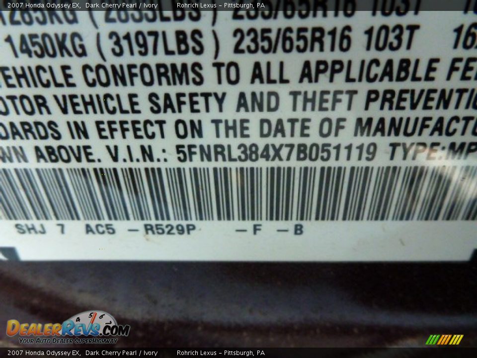 2007 Honda Odyssey EX Dark Cherry Pearl / Ivory Photo #20