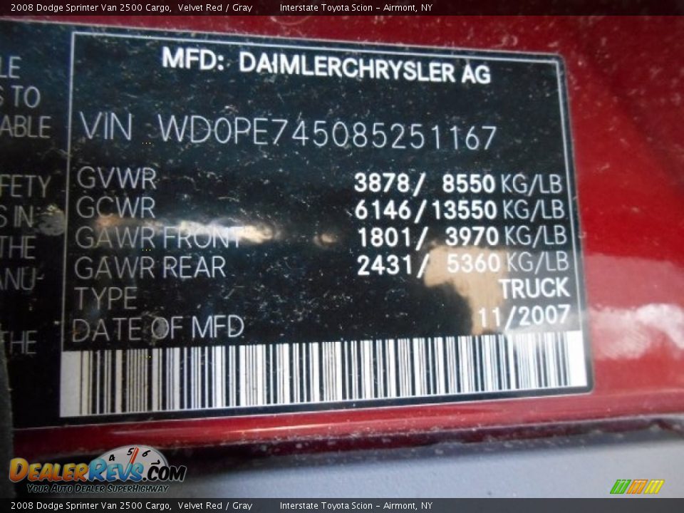 2008 Dodge Sprinter Van 2500 Cargo Velvet Red / Gray Photo #23