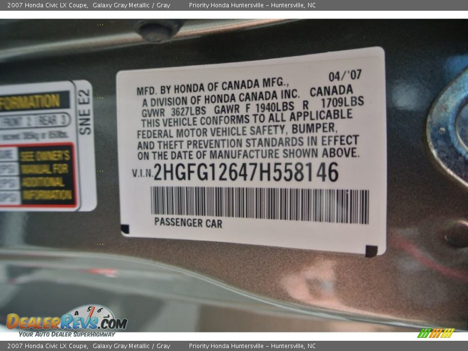 2007 Honda Civic LX Coupe Galaxy Gray Metallic / Gray Photo #7