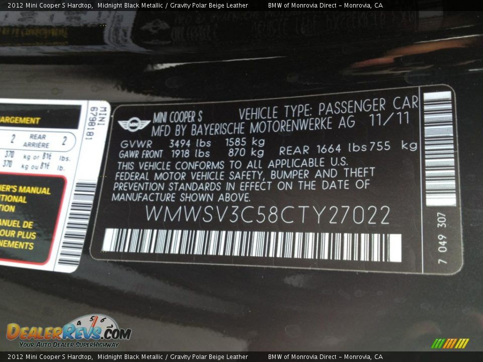 2012 Mini Cooper S Hardtop Midnight Black Metallic / Gravity Polar Beige Leather Photo #9