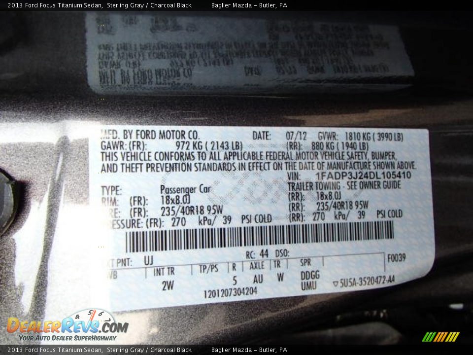 2013 Ford Focus Titanium Sedan Sterling Gray / Charcoal Black Photo #25