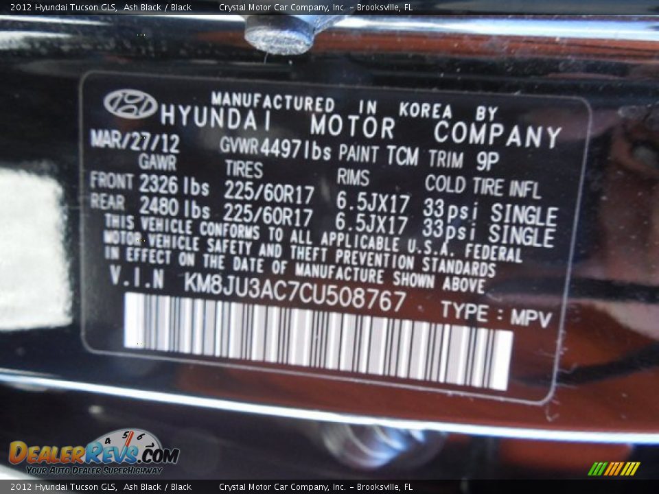 2012 Hyundai Tucson GLS Ash Black / Black Photo #23