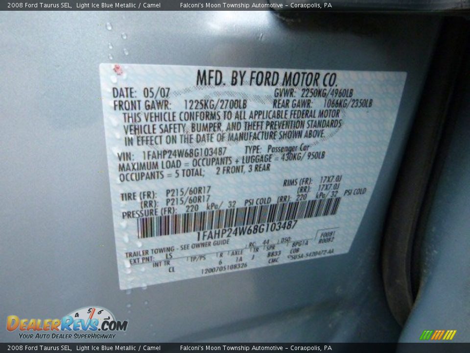 2008 Ford Taurus SEL Light Ice Blue Metallic / Camel Photo #24