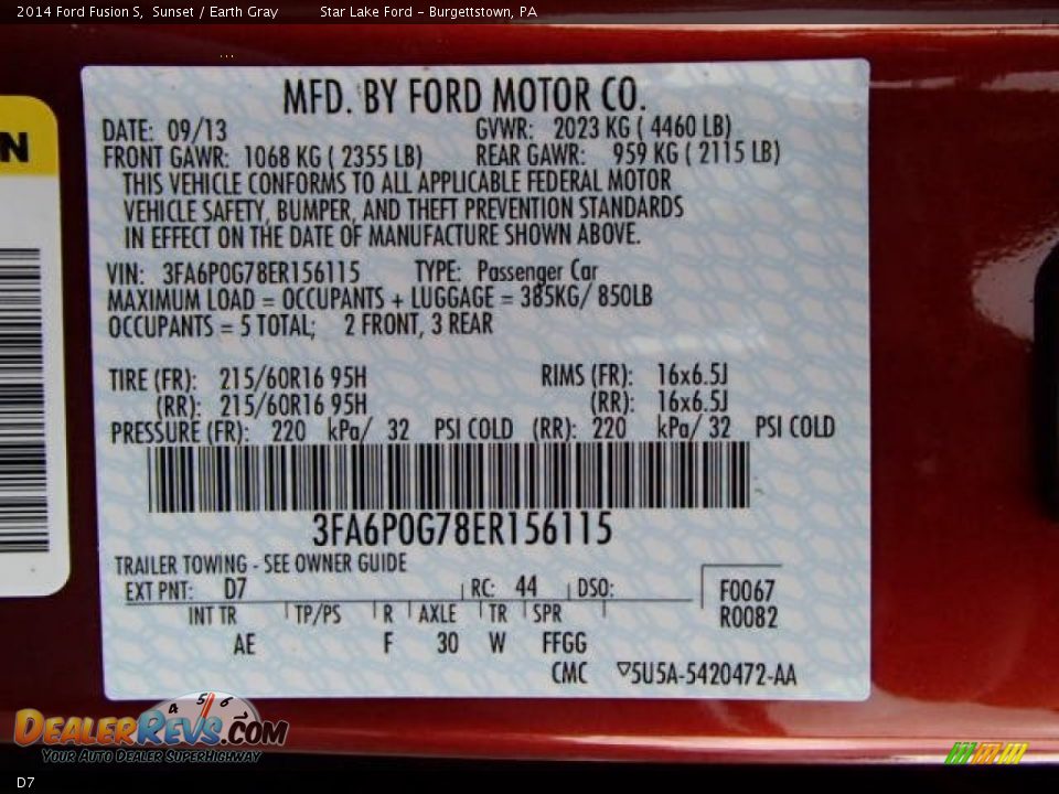 Ford Color Code D7 Sunset