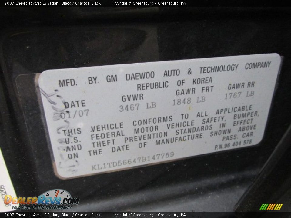 2007 Chevrolet Aveo LS Sedan Black / Charcoal Black Photo #19
