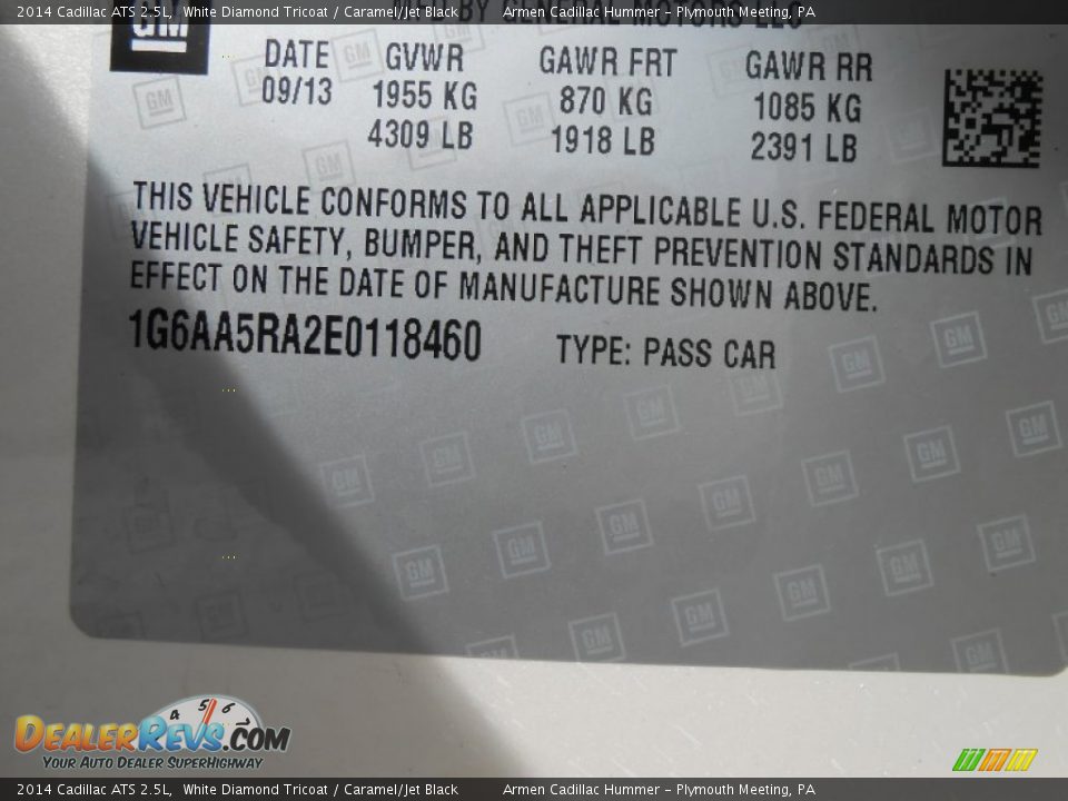 2014 Cadillac ATS 2.5L White Diamond Tricoat / Caramel/Jet Black Photo #14